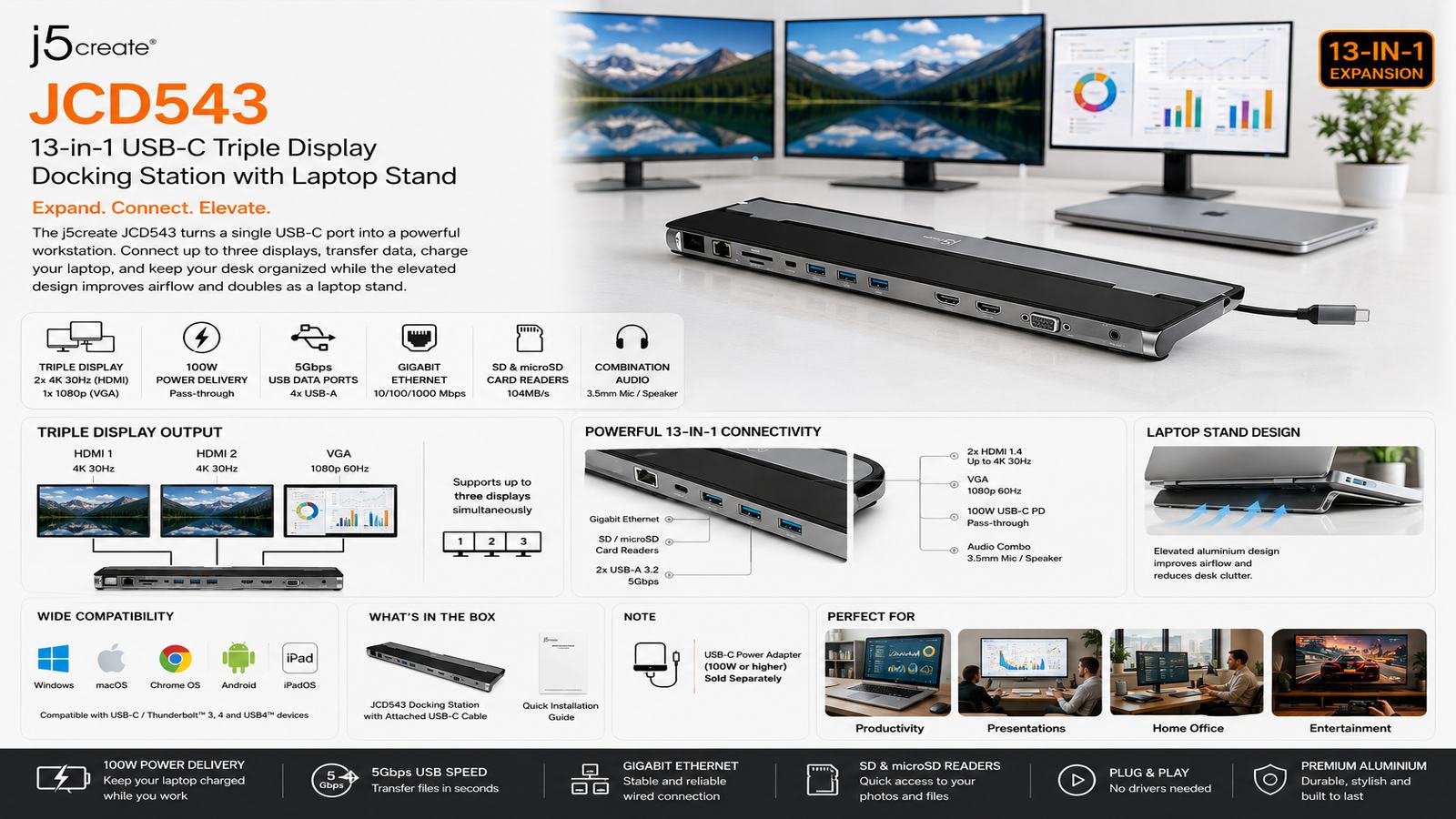 j5create JCD543, 13-in-1 USB-C Triple Display Docking Station, Dual 4K 30Hz and Full HD 1080p, 100W Power Delivery Pass-Through, 5Gbps USB, Gigabit Ethernet, SD and microSD, Dual HDMI, DisplayPort, VGA, Audio, Silver and Black, 2-Year Warranty | JCD543
